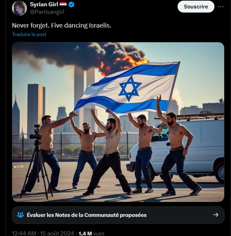 Sur X, un compte de désinformation pro-Assad a publié, le 15 août 2024, une photo générée par IA de prétendus danseurs juifs se réjouissant du 11 septembre 2001.