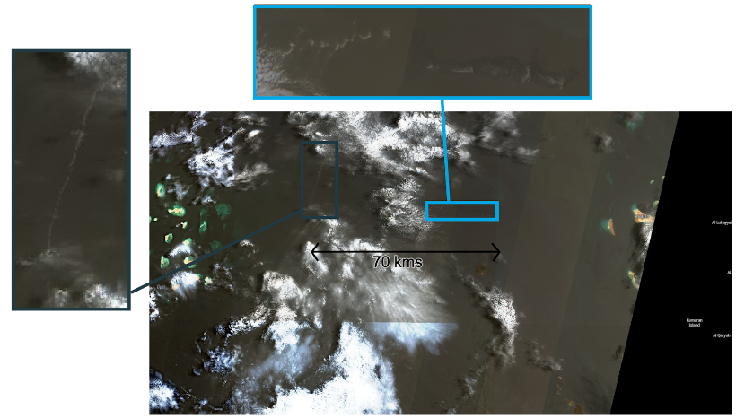 Sur les images Sentinel 2 du 21 juillet 2024, soit près d’une semaine après la frappe, cette nappe de pétrole est toujours visible.