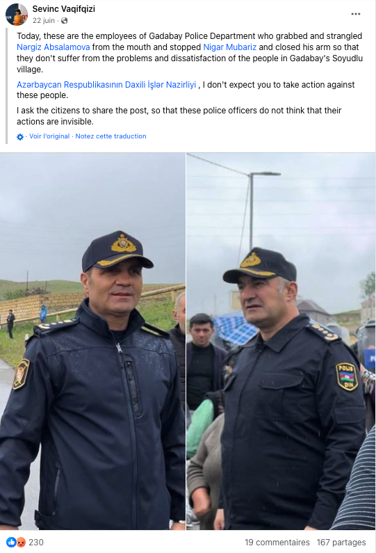 Facebook post by Sevinç Vaqifqizi, editor-in-chief of Abzas Media, for which the site's director, Ülvi Hasanli, was detained by police for four hours on June 23, 2023..