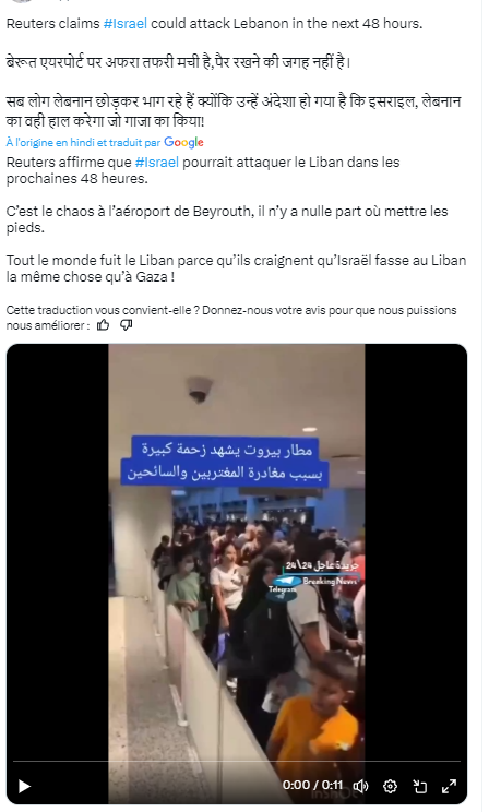 Montrant “le chaos" à l'aéroport de Beyrouth, une vidéo publiée le 22 juin 2024 annonce que Reuters aurait affirmé que le Liban serait attaqué dans les prochaines 48 heures. La vidéo date en fait du mois de septembre 2023.