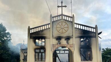 St Matthew's Church, southwest of Demoso, in flames, on 15 June 2022. The township has been the scene of numerous clashes between the Myanmar army and the Karenni resistance.