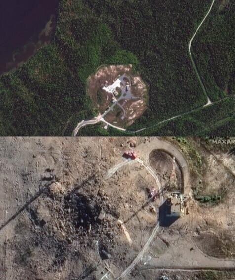 L’image du haut montre le site avant l’explosion, la seconde permet de constater l’ampleur des dégâts causés par l’accident.