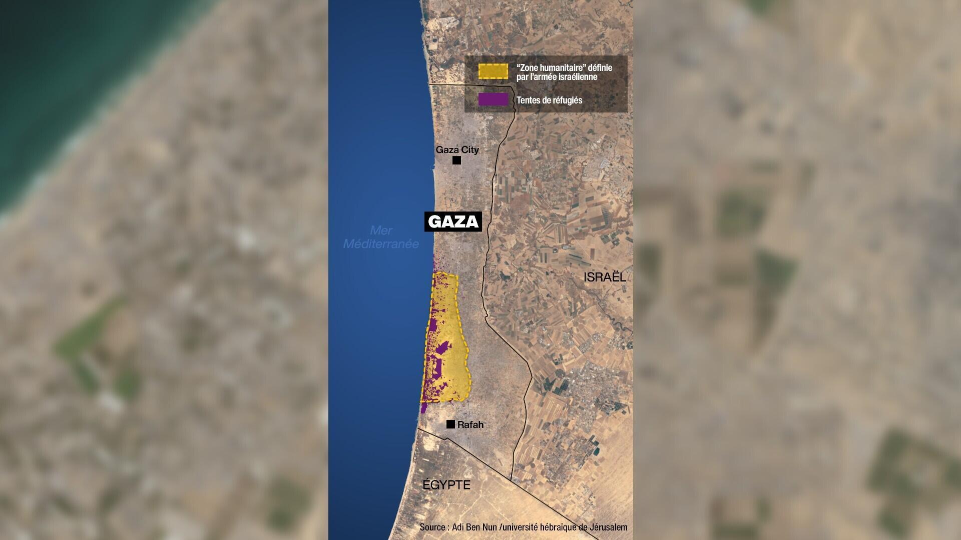 Carte des tentes de réfugiés dans la bande de Gaza (en violet) : la plupart se trouvent dans la zone humanitaire.