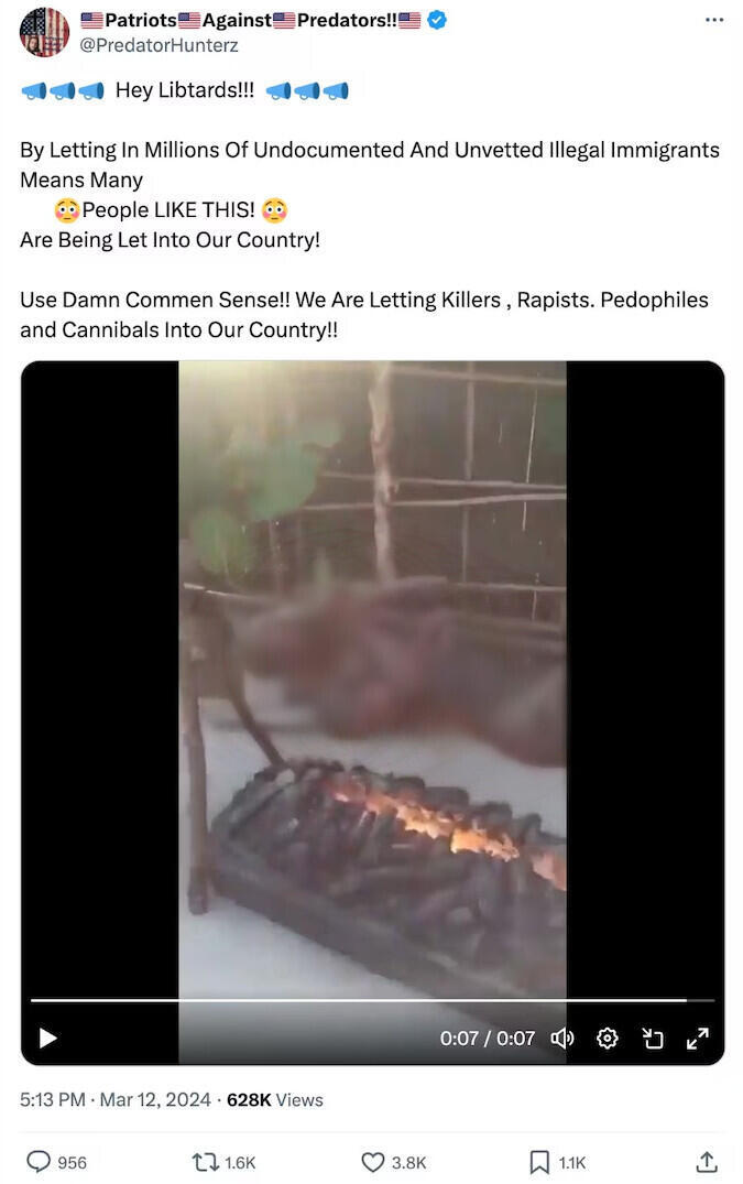 This post on X from March 12, 2024 claims to show a recent case of cannibalism in Haiti. However, this video was actually filmed in a theme park in China in 2018. Our team decided to blur this screengrab, even though it doesn’t show real human remains.