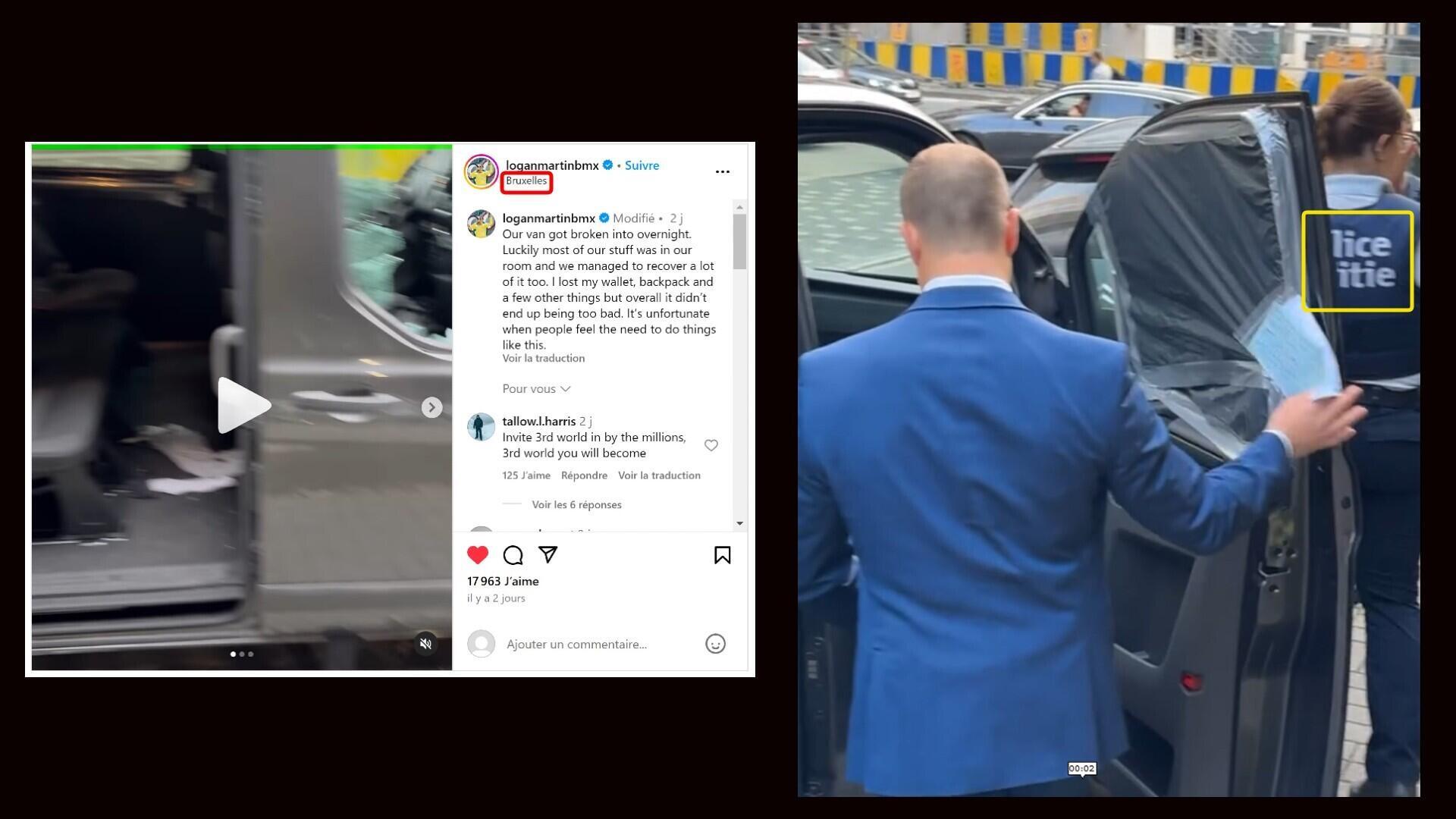 À gauche, capture d'écran du post Instagram du cycliste Logan Martin géolocalisé à Bruxelles. À droite, capture d'écran d'une des vidéos publiées sur son compte Instagram, dans laquelle on distingue l'uniforme de policiers belges (entouré en jaune).