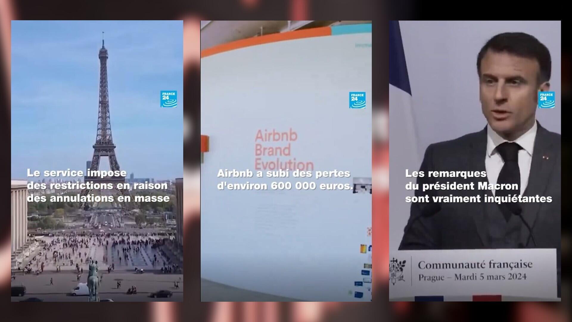Captures d'écran de la vidéo usurpant le logo de la chaîne France 24, qui prétend que le service de location Airbnb a "imposé des restrictions en raison des annulations en masse" liées aux remarques d'Emmanuel Macron sur la guerre en Ukraine.