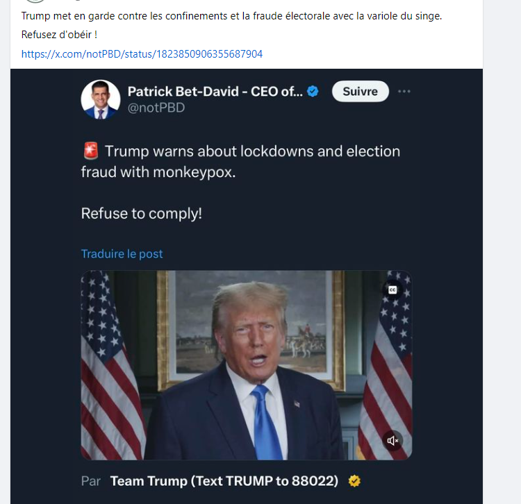 Des internautes partagent le 15 août 2024 une vidéo de Donald Trump où il mettrait en garde contre l'utilisation de la variole du singe dans une fraude électorale. La déclaration de l'ex-chef d'État concernait le Covid