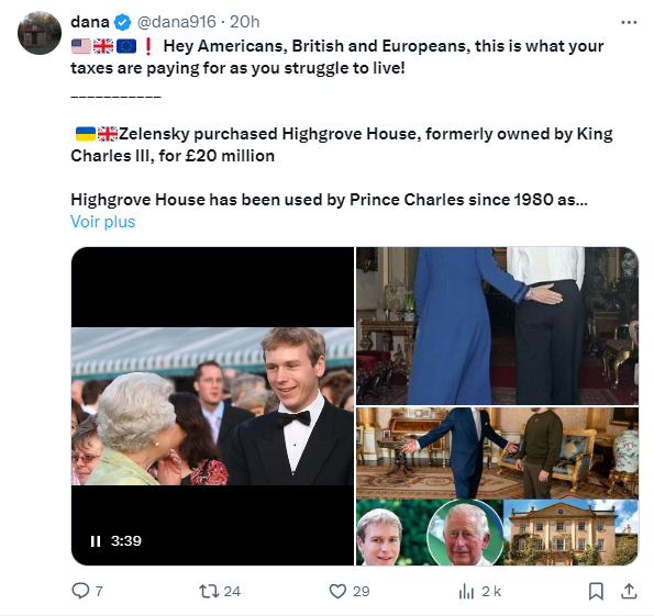 Screenshot of the April 2 X post claiming that the Ukrainian president purchased Highgrove House.