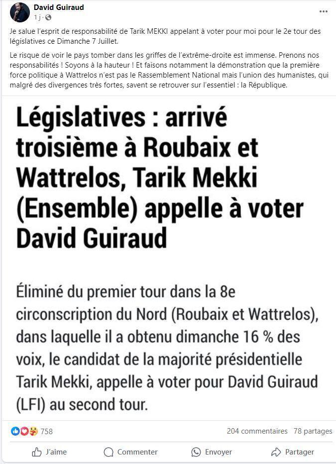 David Guiraud remercie le 1er juillet 2024 Tarik Mekki, candidat Renaissance dans la 8ème circonscription du Nord, pour son soutien au second tour.