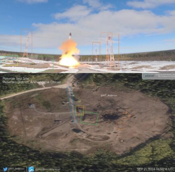 Ces images permettent de géolocaliser le site où s'est produit l’incident. On y retrouve plusieurs installations comme des antennes (en orange) ou encore une route (bleu), (localisation: 62.888044801083716, 41.75930899563295).