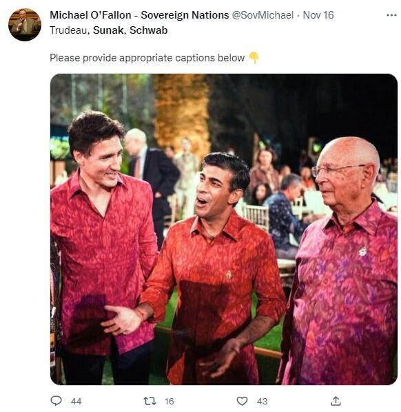 Screenshot of a tweet sharing a photo of Justin Trudeau, Rishi Sunak and Klaus Schwab taken at the G20.