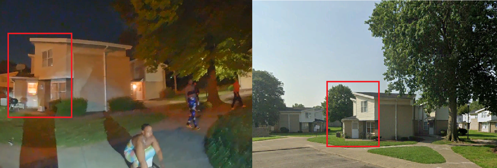 À gauche l'enregistrement de la body cam fournie par la police de Canton. À droite Google Street View. Nous avons détouré en rouge le même bâtiment qui permet de géolocaliser la vidéo au 13th Street SE à Canton.