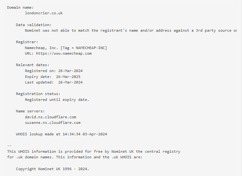 Screenshot of the results obtained when searching for the London Crier URL in the Who.Is tool.