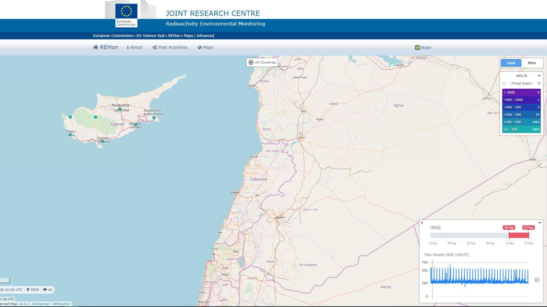 Capture d’écran de la carte de radioactivité environnementale du REM de la CCR de la Commission européenne pour les dates du 16 au 23 septembre 2024. Les points verts, notamment celui de la station de mesure de Larnaca, indiquent une dose de radiation inférieure à 100 nSv/h ce qui est très faible.