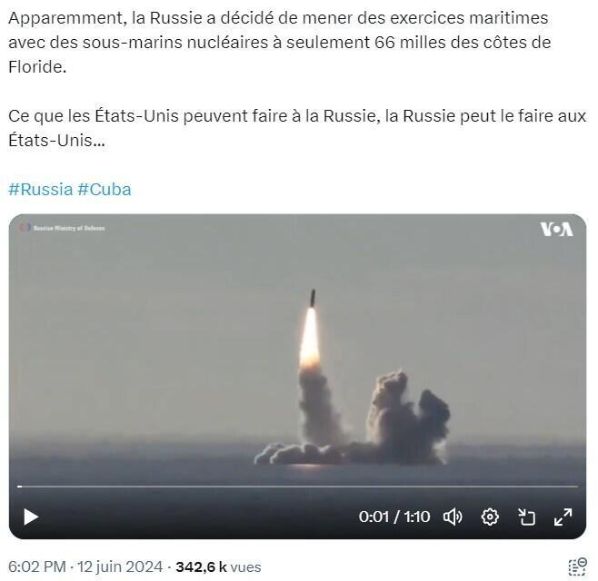 Une vidéo publiée sur X le 12 juin 2024 prétend montrer des tirs de missiles d'un sous-marin nucléaire près des côtes américaines. La vidéo date de 2018.
