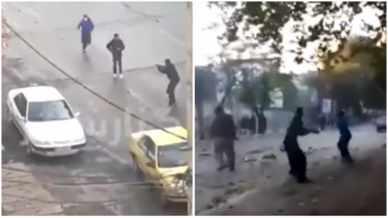 Sur la photo de gauche, un officier de police iranien tire sur quelqu'un. Sur la vidéo de droite, les manifestants lancent des pierres.