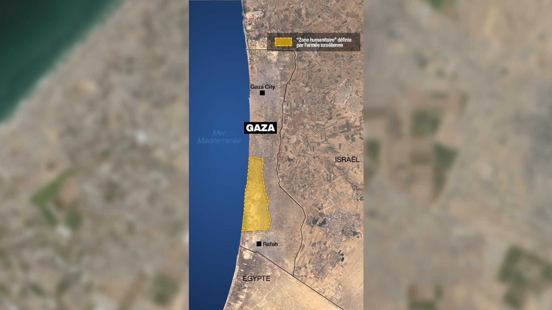 La zone "humanitaire", telle que définie par l'armée israélienne au 6 mai 2024. Cette zone, aux frontières floues, a été la cible de plusieurs frappes militaires, alors que l’armée la qualifie de "sûre".