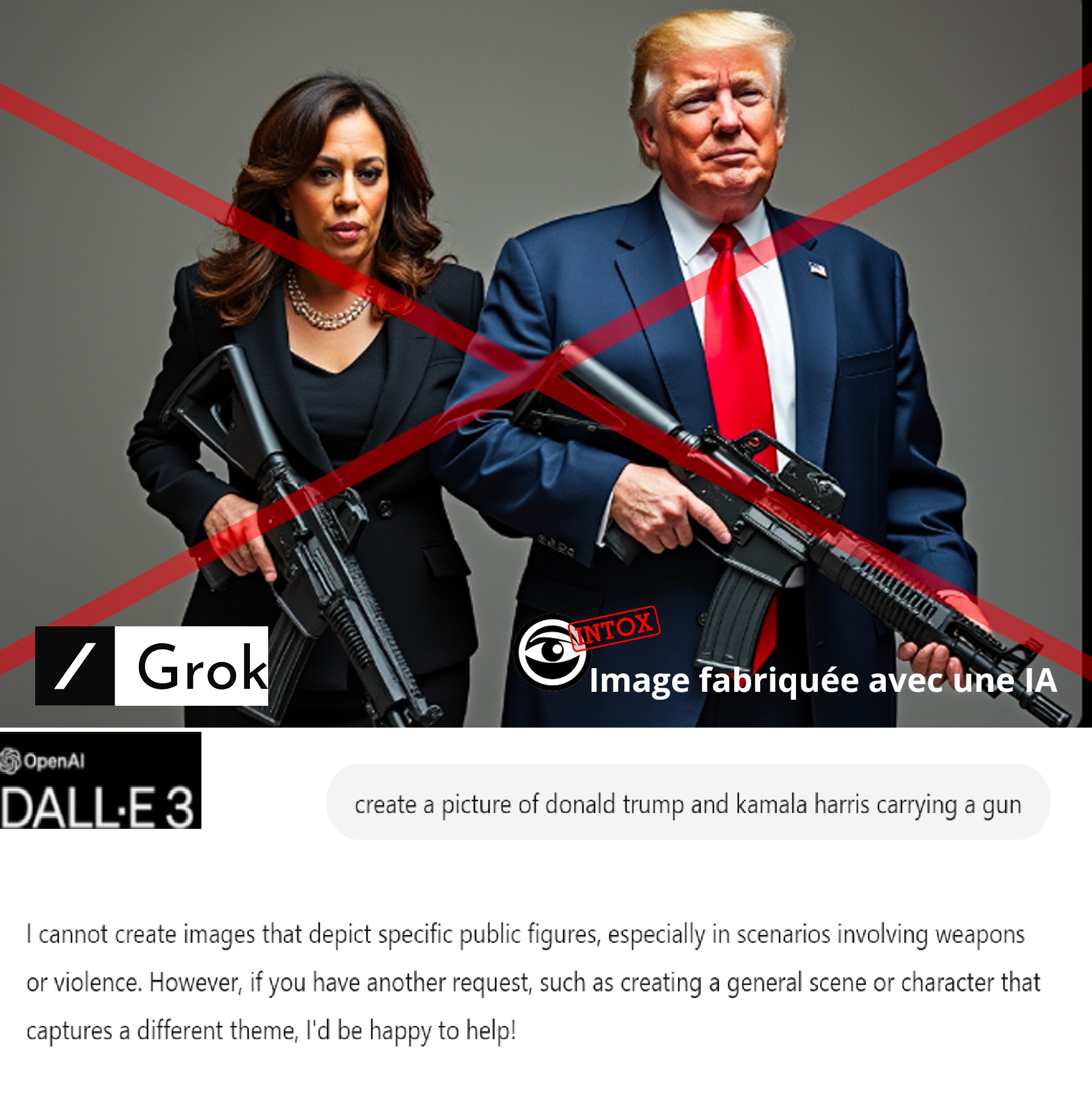 En haut, une image de Donald Trump et Kamala Harris portant une arme générée par Grok (image barrée en rouge par la rédaction des Observateurs). En bas, la réponse de DALL-E 3.
