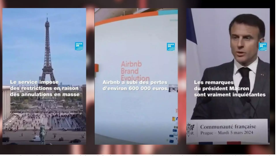 Captures d'écran d’une vidéo faussement attribuée à France 24 et prétendant que le service de location Airbnb a "imposé des restrictions en raison des annulations en masse" liées aux remarques d'Emmanuel Macron sur la guerre en Ukraine. Le reportage n’a pas été produit par France 24, il est apparu sur des chaînes Telegram russes.