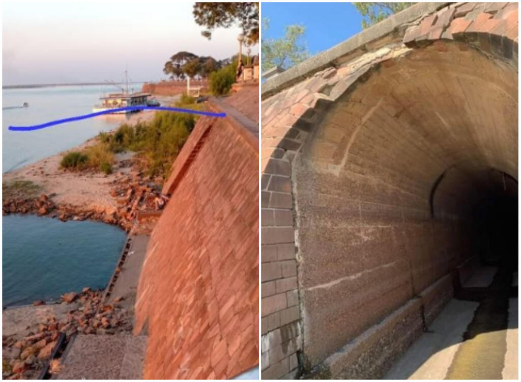 A medida que baja el nivel del agua, "Subterraneo" Fue descubierto en Corrientes, localidad a orillas del río Paraná, frente a Resistencia. A la izquierda, la línea azul muestra de dónde venía el agua antes, cubriendo la entrada al túnel.