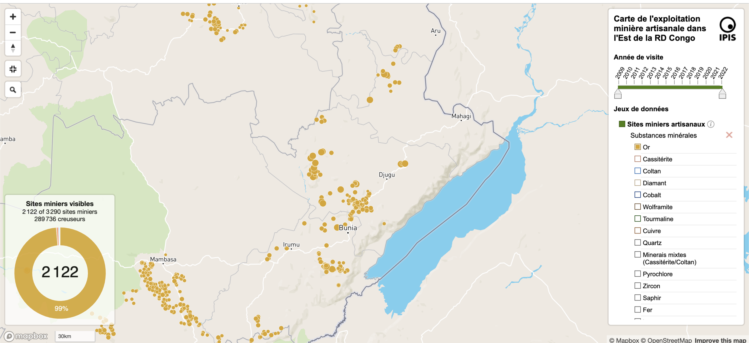 Capture d’écran de la carte interactive de l’IPIS, ici centrée sur le territoire de Djugu, recensant les sites miniers d'or, entre 2009 et 2022.