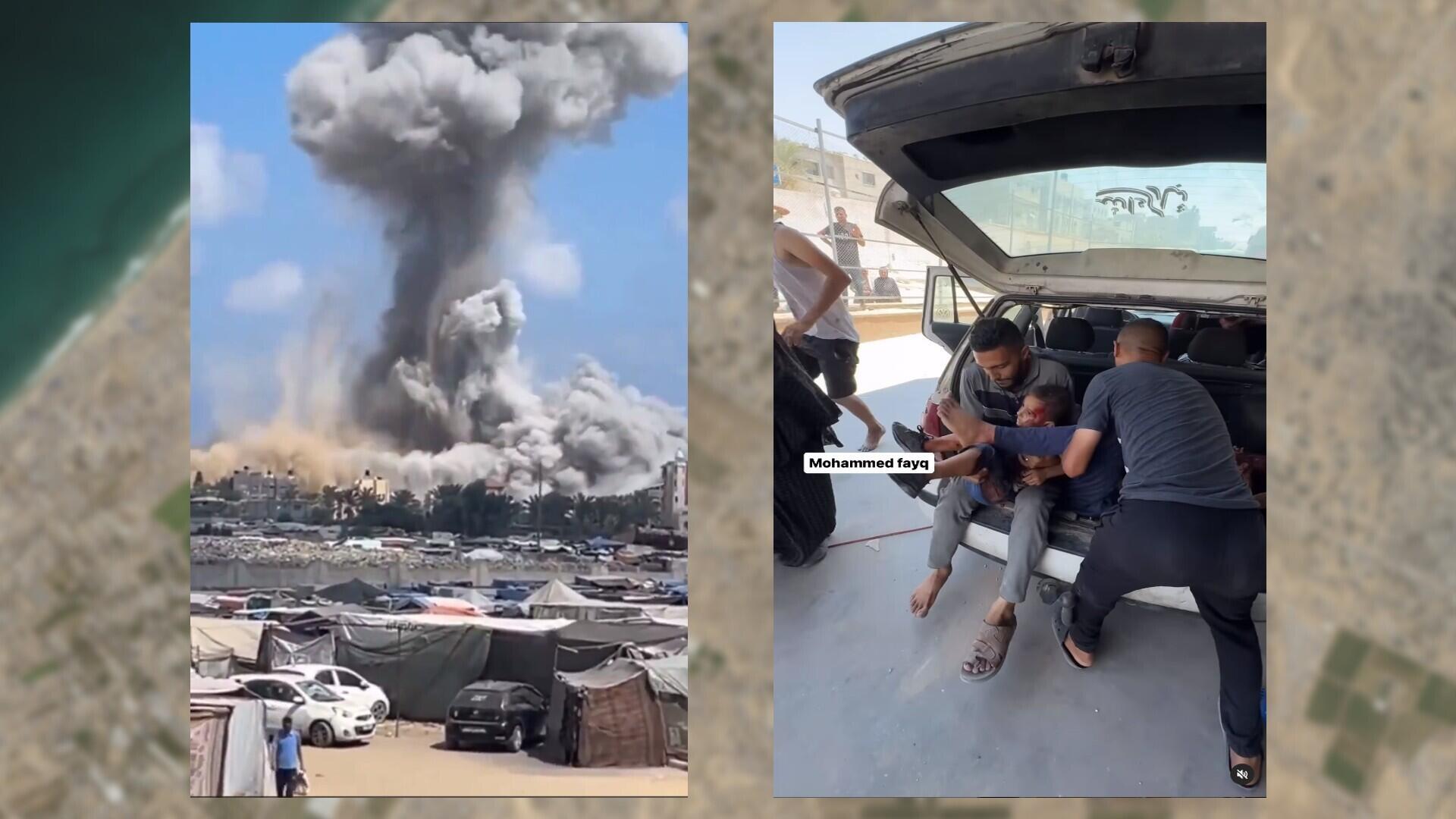 À gauche, une image du bombardement à Al-Mawasi, en pleine "zone humanitaire", dans la bande de Gaza, le 13 juillet 2024. À droite, un enfant est porté à l'hôpital le 16 juillet 2024, à la suite d'une autre frappe de l'armée israélienne.