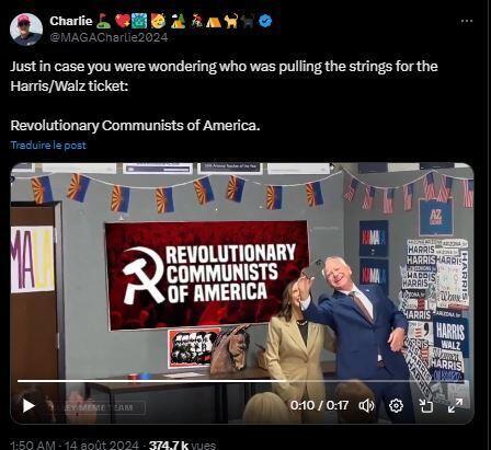 Une vidéo publiée le 14 août 2024 montrerait la vice-présidente Kamala Harris et Tim Walz se prendre en photo devant une affiche du parti communiste révolutionnaire d'Amérique. Il s'agit d'une vidéo retouchée.