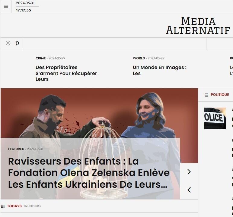 Article en une du site Media Alternatif le 31 mai 2024, accusant la fondation de la femme de Volodymyr Zelensky d'enlever des enfants ukrainiens.