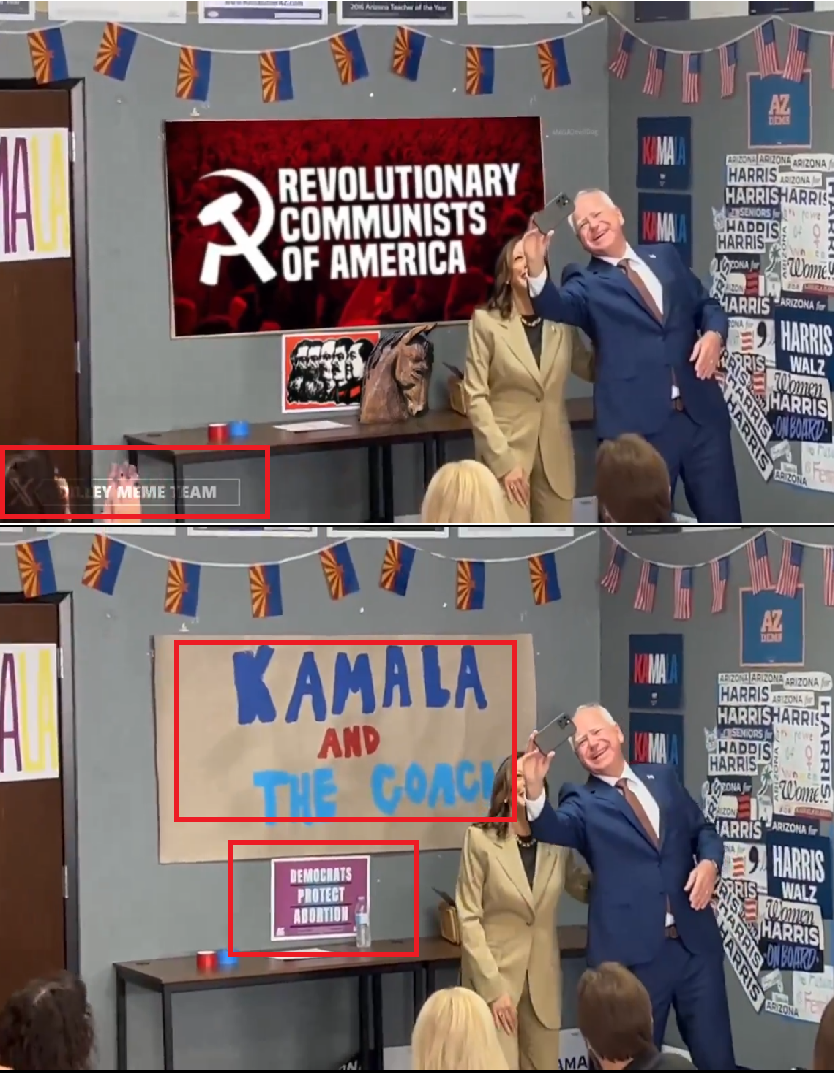 En haut, la vidéo retouchée avec les affiches communistes, publiée le 14 août 2024. En bas, la vidéo originale, publiée le 10 août 2024. Détourage en rouge effectué par la rédaction des Observateurs de France 24.