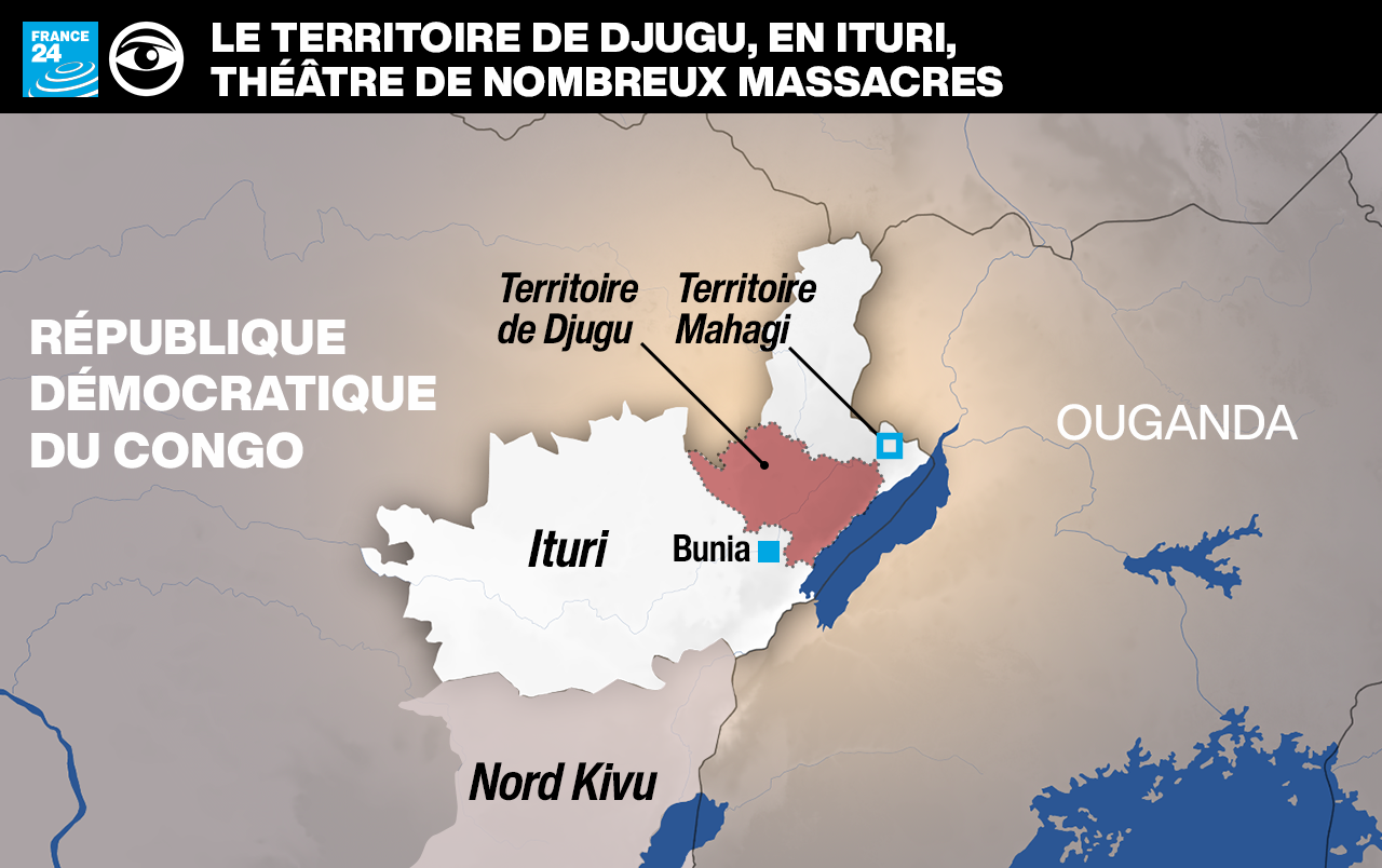 Carte centrée sur l'Ituri et le territoire de Djugu.