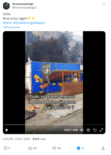 This English-speaking Twitter user, who posted his tweet on February 8, believes that the fact that certain buildings painted blue survived the wildfires is proof that “direct energy weapons” were involved.